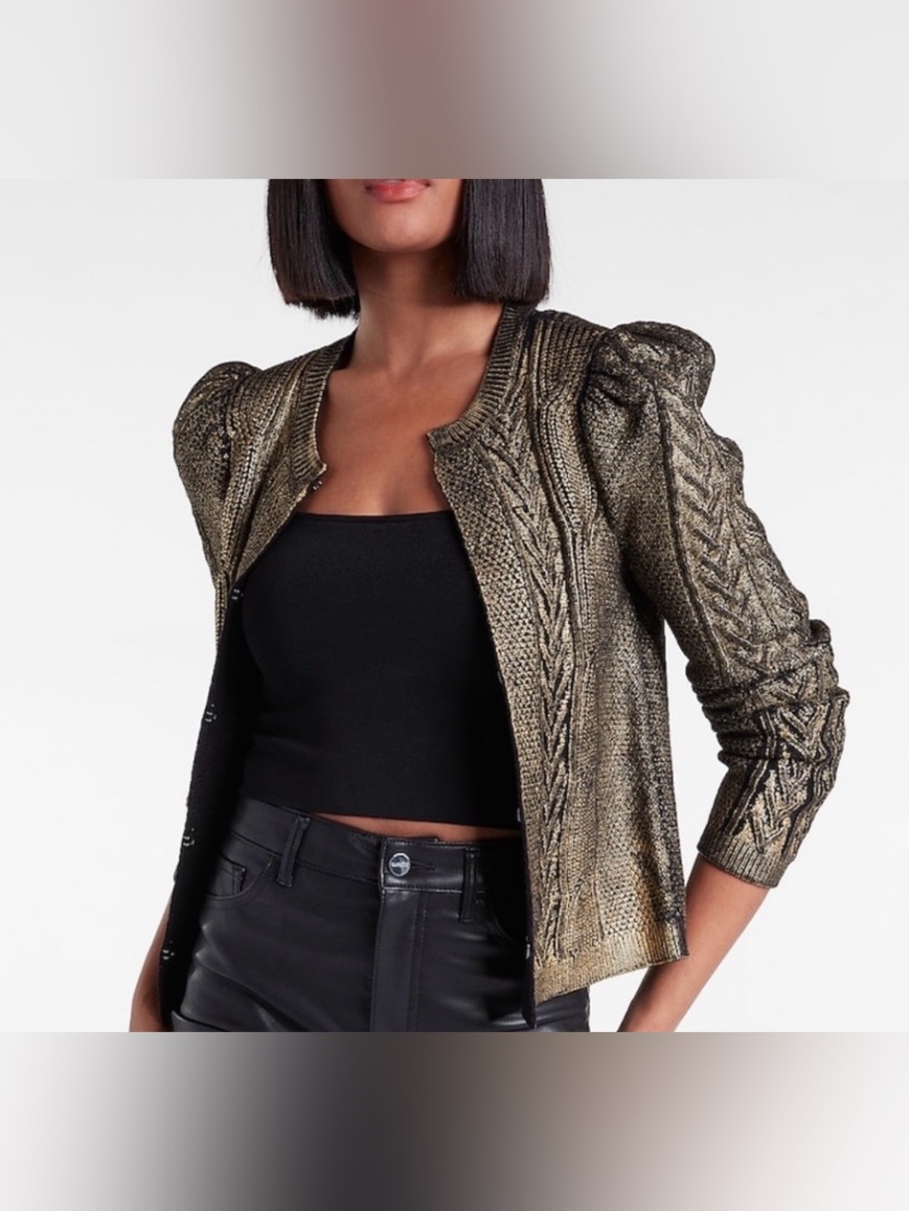 Express Metallic Gold Foil Cable Knit Puff Sleeve Sweater Jacket Cardigan M